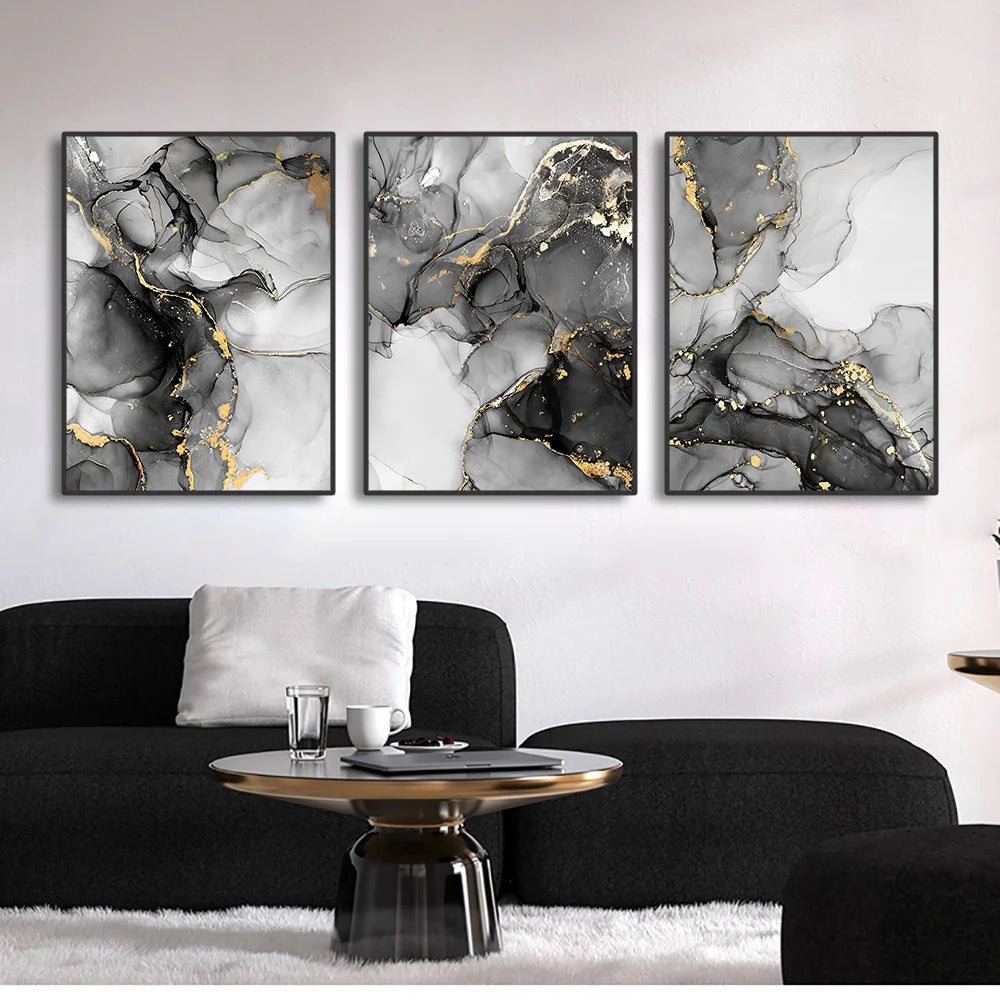 Set of 3Pcs Black White Golden Marble Print Wall Art Fine Art Canvas Prints Pictures For Living Room Dining Room Office Art For Modern Interiors