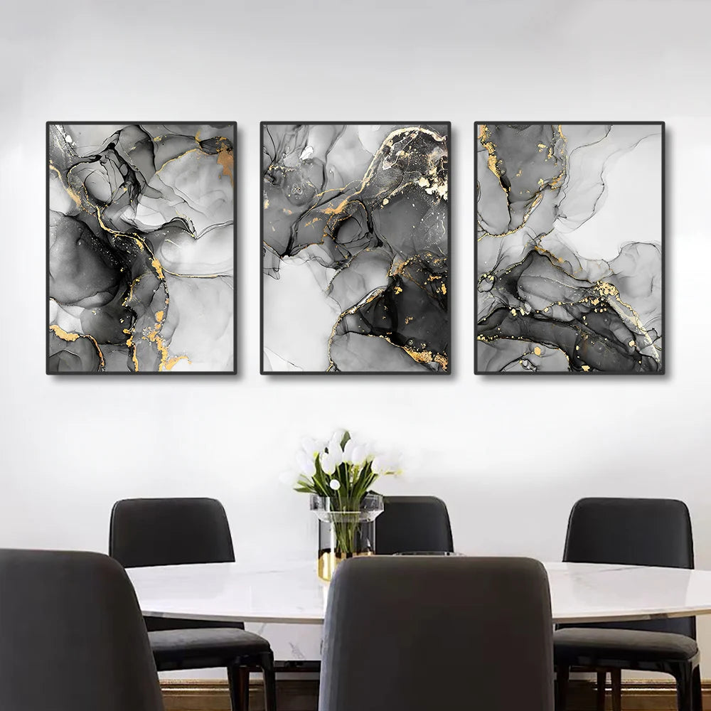 Set of 3Pcs Black White Golden Marble Print Wall Art Fine Art Canvas Prints Pictures For Living Room Dining Room Office Art For Modern Interiors 2025