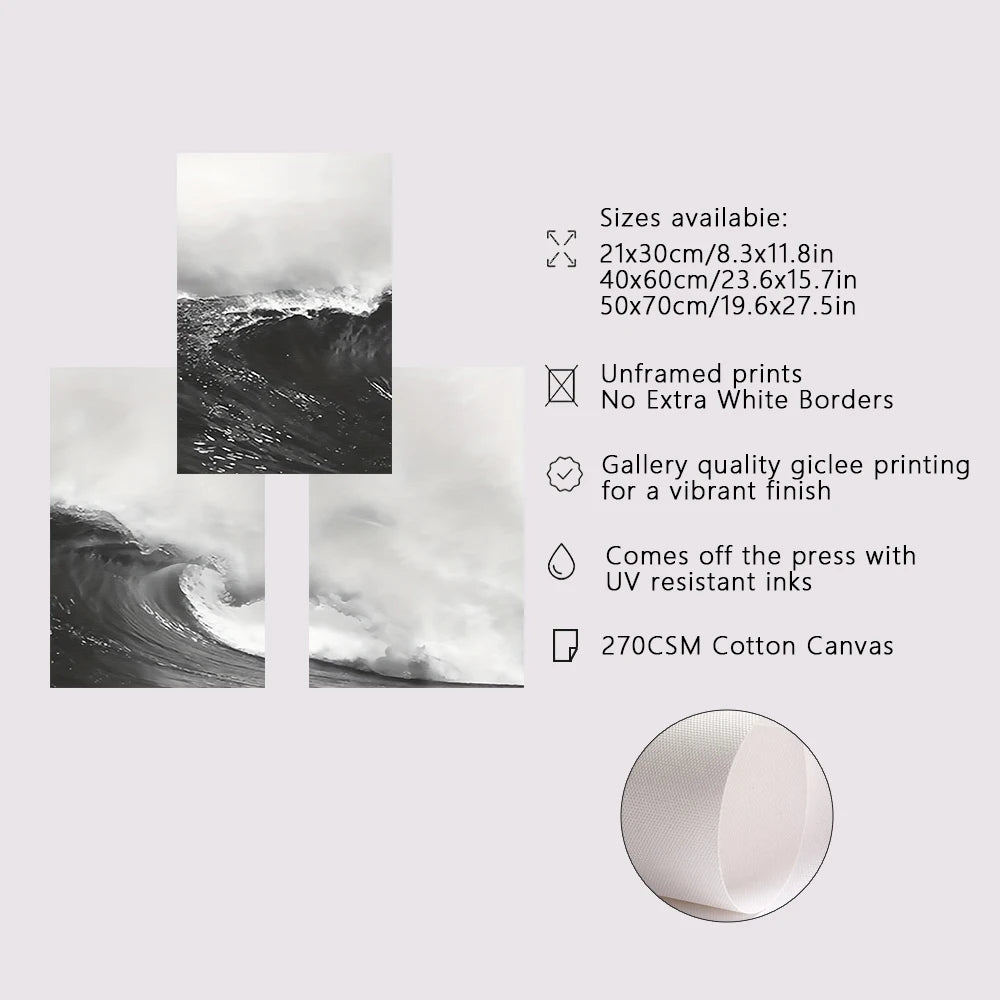 Canvas prints of a wave with size and material information on a light gray background