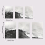 Set of six black and white wave prints with dimensions indicated.