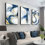 Set of 3Pcs Blue Golden Flowing Swirls Abstract Wall Art Fine Art Canvas Prints Light Minimalist Pictures For Modern Living Room (Unframed)