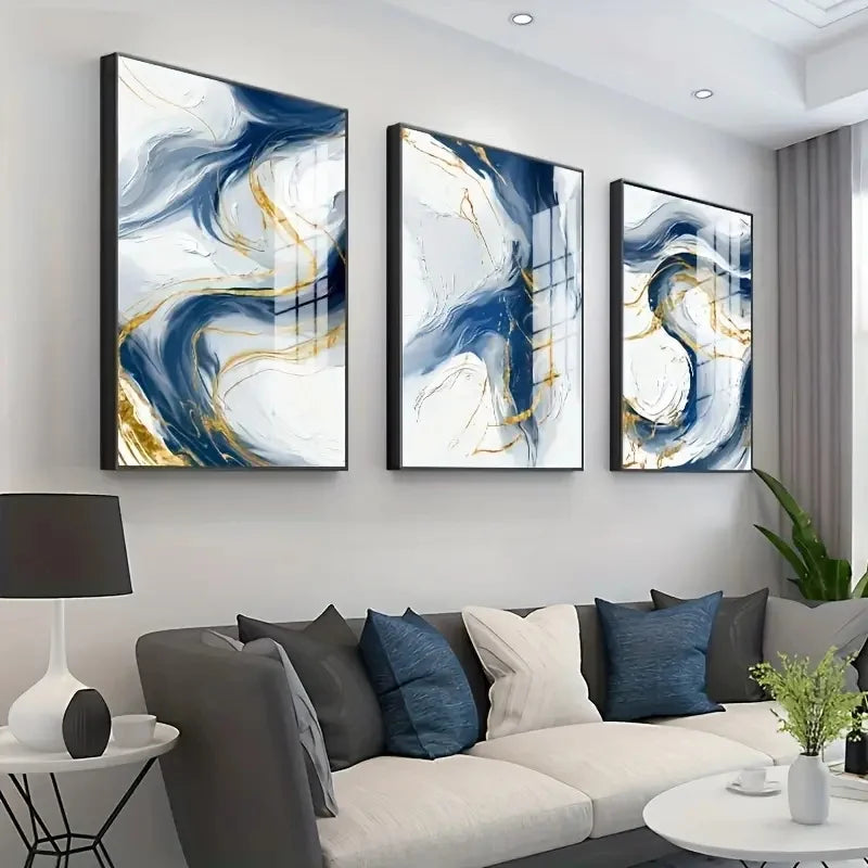 Set of 3Pcs Blue Golden Flowing Swirls Abstract Wall Art Fine Art Canvas Prints Light Minimalist Pictures For Modern Living Room (Unframed)
