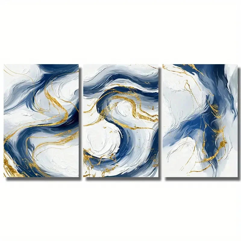Set of 3Pcs Blue Golden Flowing Swirls Abstract Wall Art Fine Art Canvas Prints Light Minimalist Pictures For Modern Living Room (Unframed)