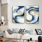 Set of 3Pcs Blue Golden Flowing Swirls Abstract Wall Art Fine Art Canvas Prints Light Minimalist Pictures For Modern Living Room (Unframed)