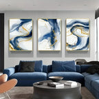 Set of 3Pcs Blue Golden Flowing Swirls Abstract Wall Art Fine Art Canvas Prints Light Minimalist Pictures For Modern Living Room (Unframed)