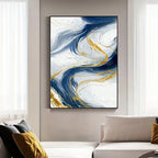 Set of 3Pcs Blue Golden Flowing Swirls Abstract Wall Art Fine Art Canvas Prints Light Minimalist Pictures For Modern Living Room (Unframed)