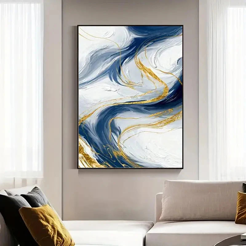 Set of 3Pcs Blue Golden Flowing Swirls Abstract Wall Art Fine Art Canvas Prints Light Minimalist Pictures For Modern Living Room (Unframed)