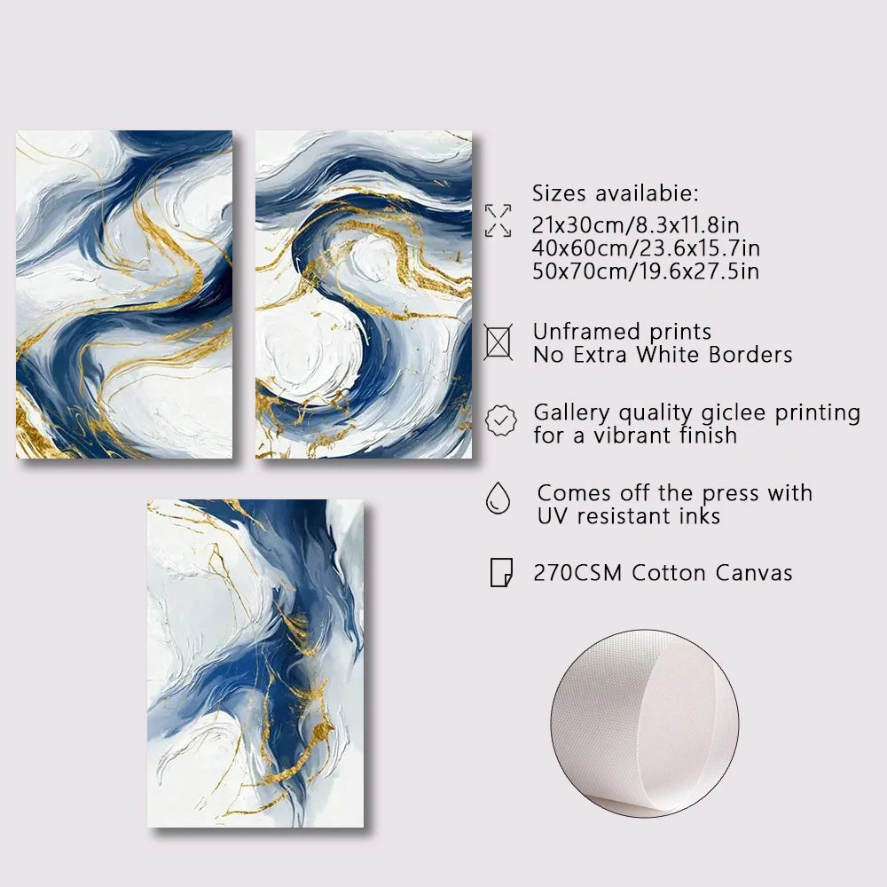 Set of 3Pcs Blue Golden Flowing Swirls Abstract Wall Art Fine Art Canvas Prints Light Minimalist Pictures For Modern Living Room (Unframed)