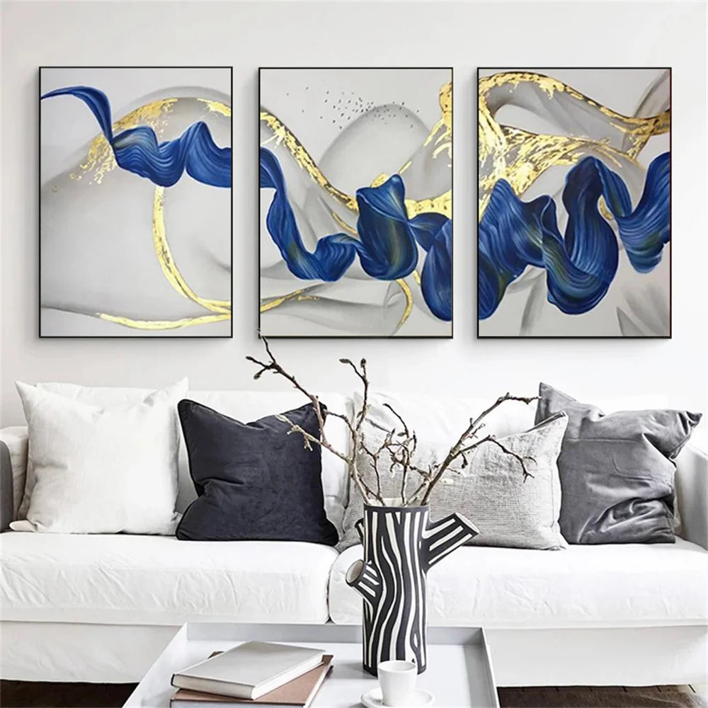 Set of 3Pcs Blue Golden Wave Wall Art Fine Art Canvas Prints Pictures For Modern Living Room Dining Room Hotel Room Decor 2025 01