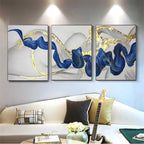 Set of 3Pcs Blue Golden Wave Wall Art Fine Art Canvas Prints Pictures For Modern Living Room Dining Room Hotel Room Decor 2025
