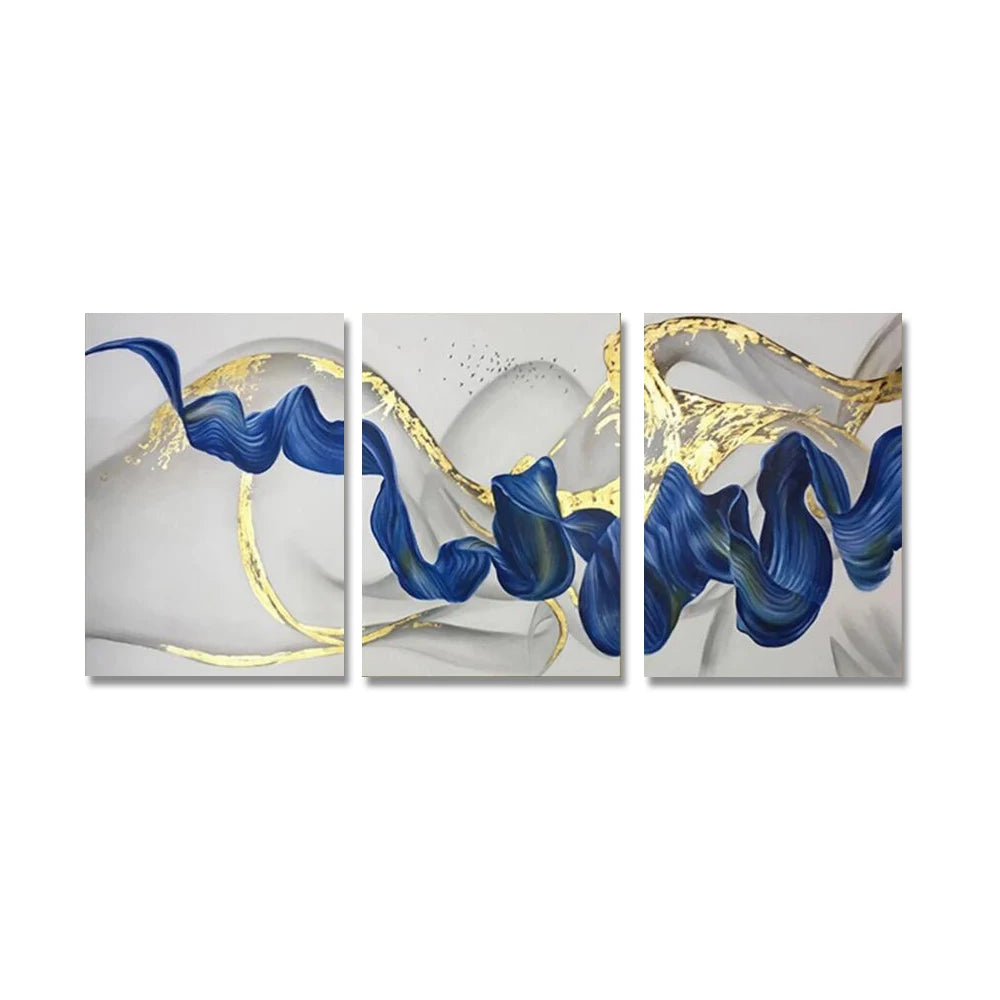Set of 3Pcs Blue Golden Wave Wall Art Fine Art Canvas Prints Pictures For Modern Living Room Dining Room Hotel Room Decor 2025