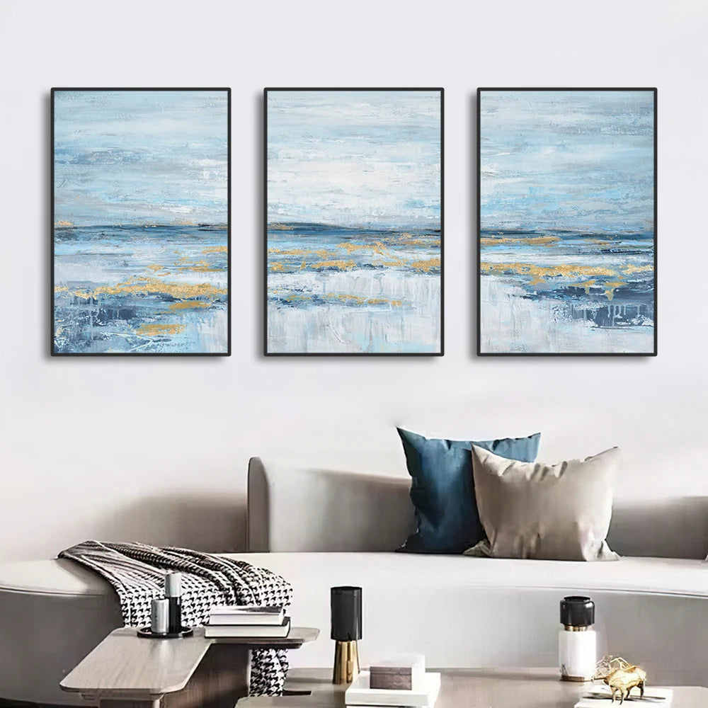 Set of 3Pcs Blue Ocean Scene Wall Art Fine Art Canvas Prints Abstract Seascape Wall Art For Living Room Bedroom Hotel Room Art Decor