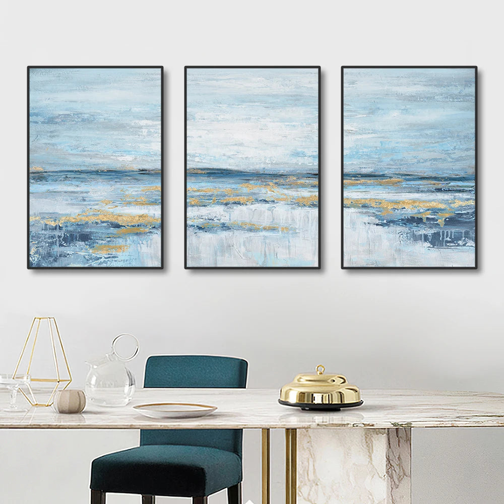 Set of 3Pcs Blue Ocean Scene Wall Art Fine Art Canvas Prints Abstract Seascape Wall Art For Living Room Bedroom Hotel Room Art Decor