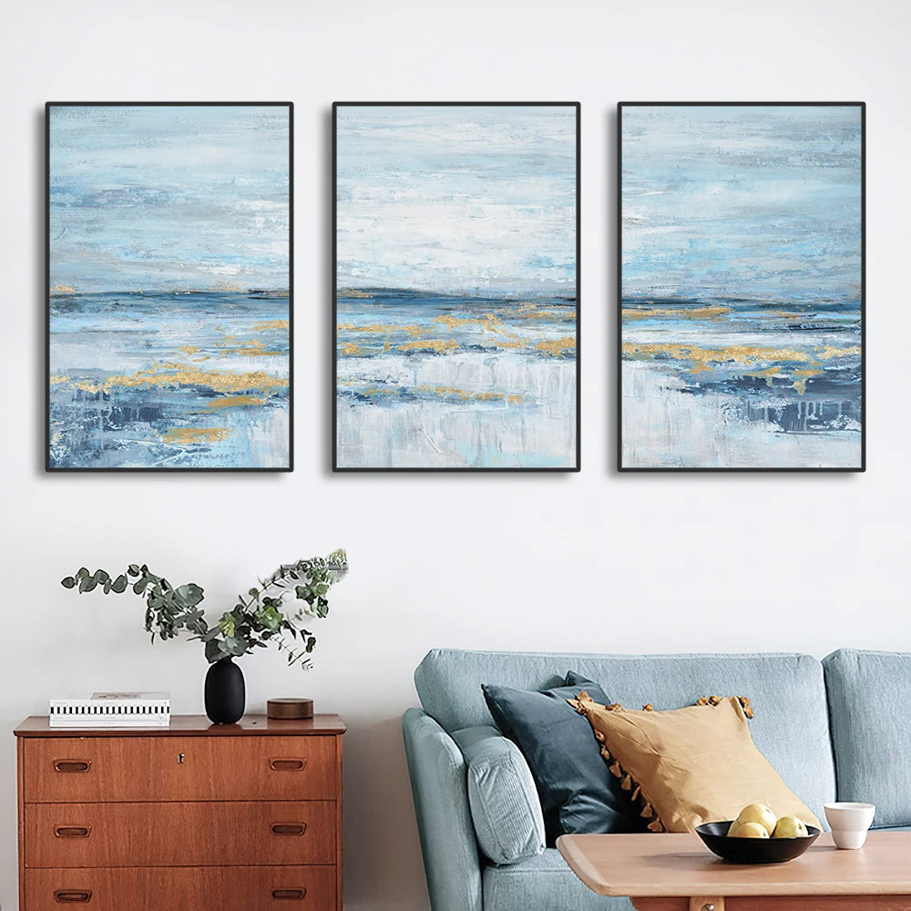 Set of 3Pcs Blue Ocean Scene Wall Art Fine Art Canvas Prints Abstract Seascape Wall Art For Living Room Bedroom Hotel Room Art Decor