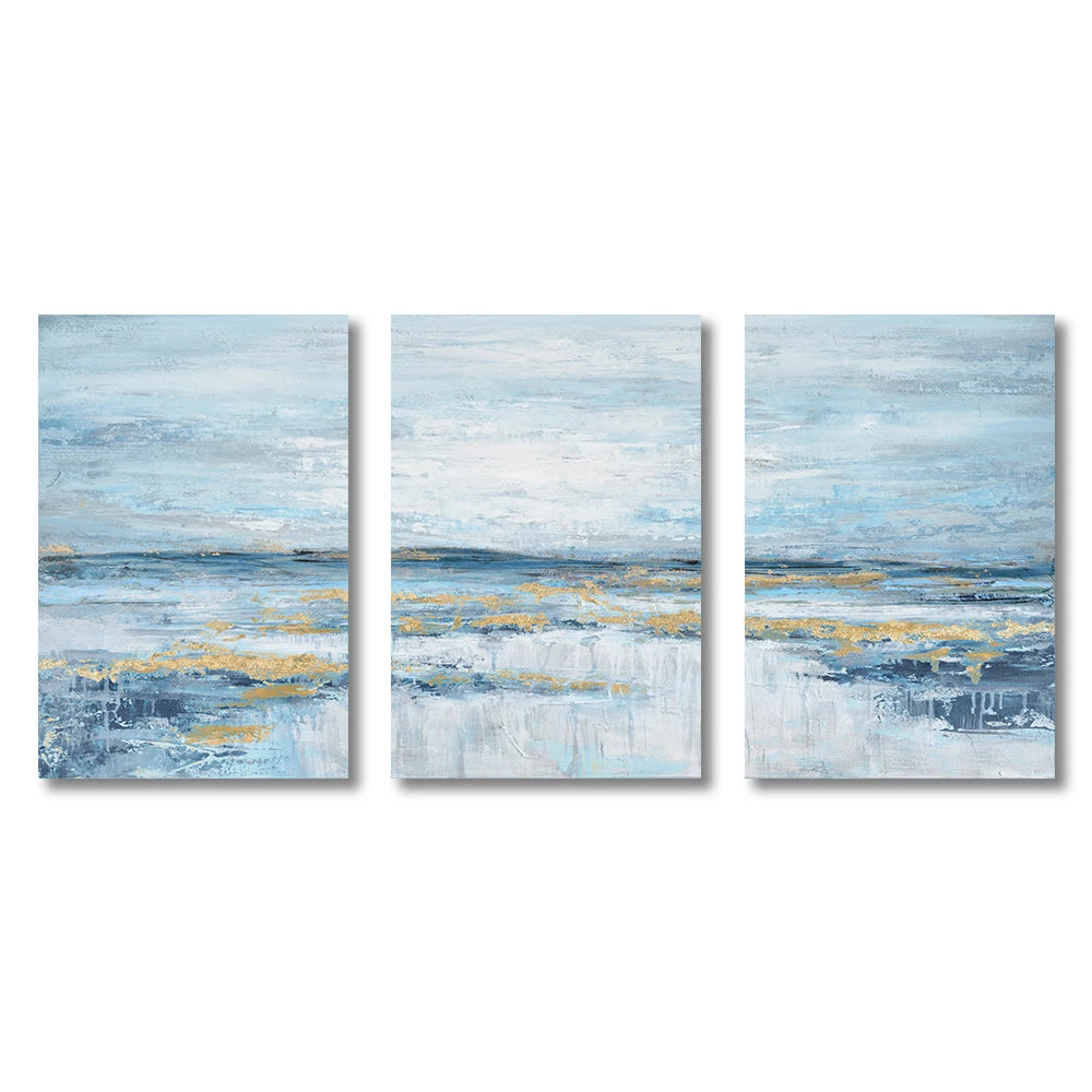 Set of 3Pcs Blue Ocean Scene Wall Art Fine Art Canvas Prints Abstract Seascape Wall Art For Living Room Bedroom Hotel Room Art Decor