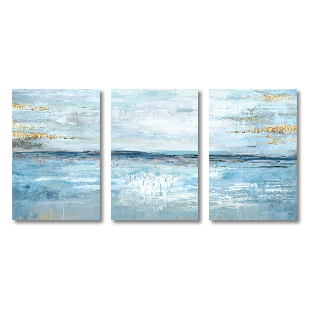 Set of 3Pcs Blue Ocean Scene Wall Art Fine Art Canvas Prints Abstract Seascape Wall Art For Living Room Bedroom Hotel Room Art Decor