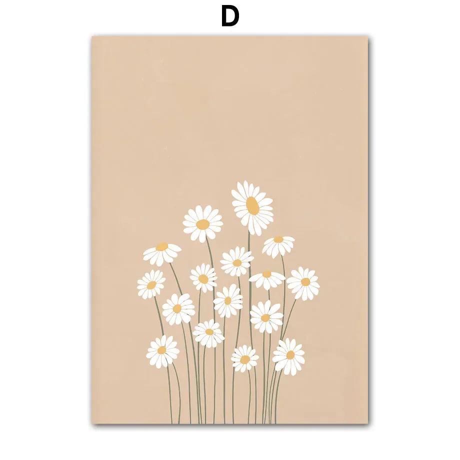 Illustration of white flowers with yellow centers on a beige background