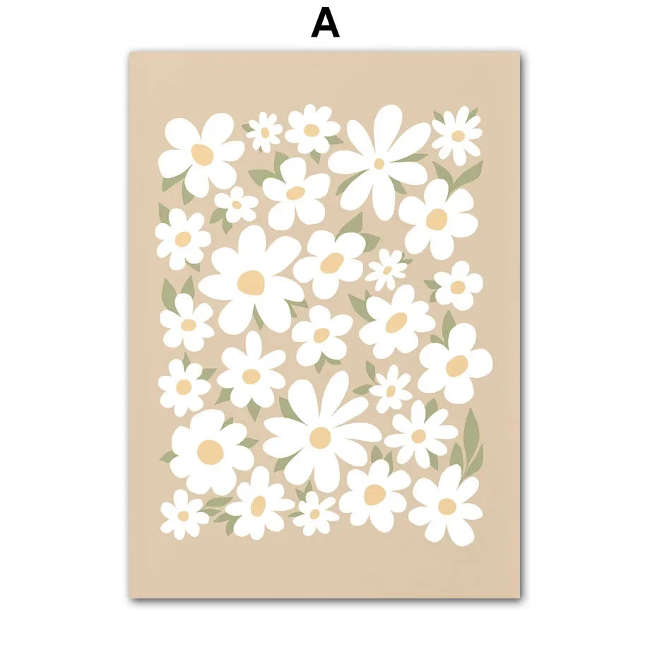 Beige paper with white daisy flowers and green leaves on a beige background