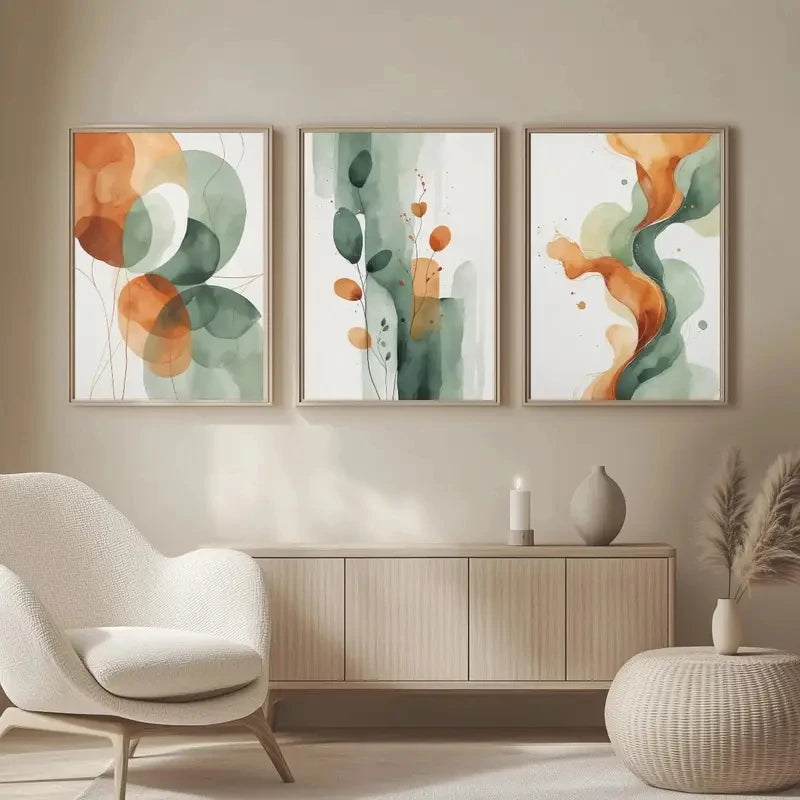 Three abstract art pieces on a wall above a wooden cabinet in a living room setting.