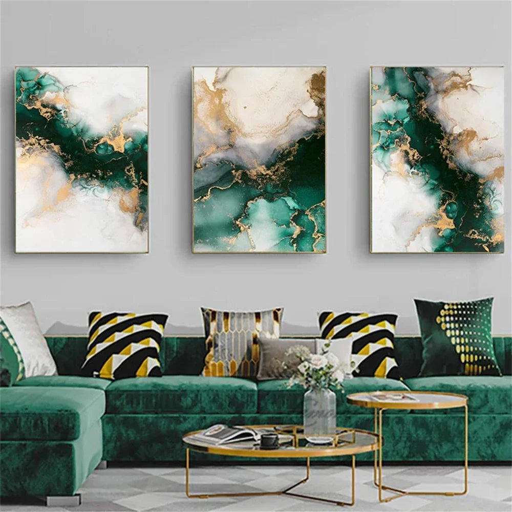 Set of 3Pcs Chic Abstract Green Golden Marble Print Wall Art Fine Art Canvas Prints Pictures For Living Room Dining Room Light Luxury Art For Modern Apartment