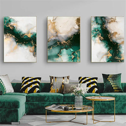 Set of 3Pcs Chic Abstract Green Golden Marble Print Wall Art Fine Art Canvas Prints Pictures For Living Room Dining Room Light Luxury Art For Modern Apartment