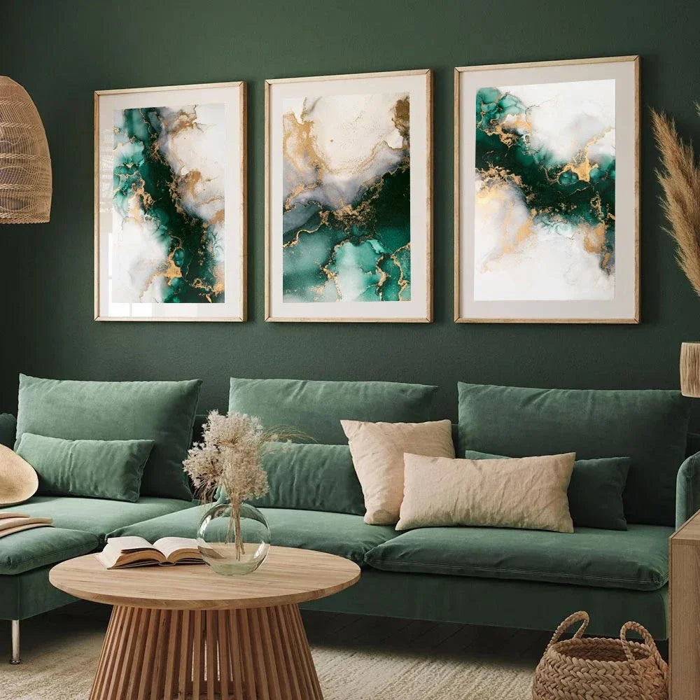 Set of 3Pcs Chic Abstract Green Golden Marble Print Wall Art Fine Art Canvas Prints Pictures For Living Room Dining Room Light Luxury Art For Modern Apartment 2025