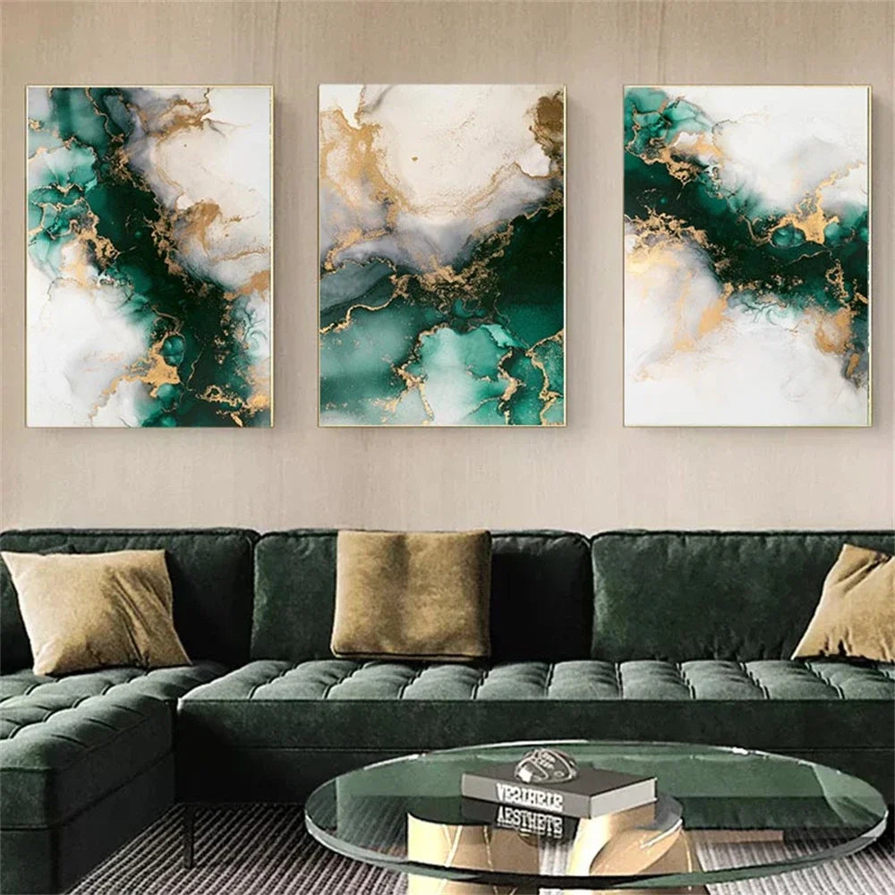 Set of 3Pcs Chic Abstract Green Golden Marble Print Wall Art Fine Art Canvas Prints Pictures For Living Room Dining Room Light Luxury Art For Modern Apartment 2025 01