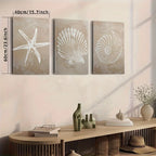 Three wall art pieces with starfish, shell, and spiral design on a wall above a wooden console table.