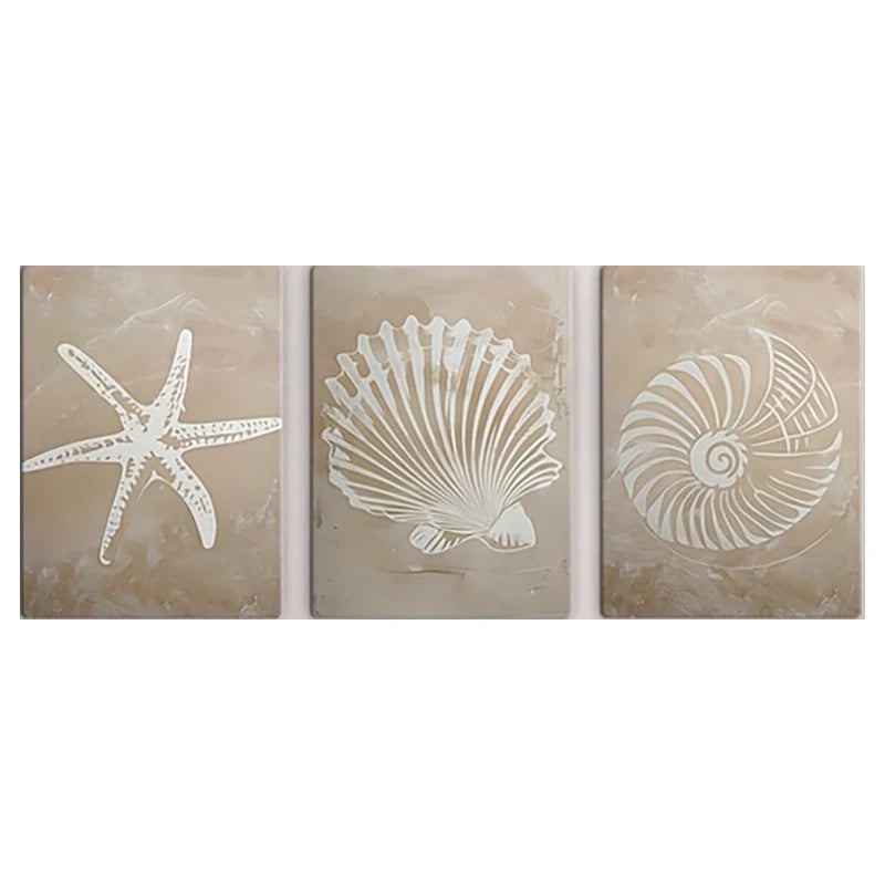 Set of three wall art panels with starfish, shell, and spiral design on a beige background