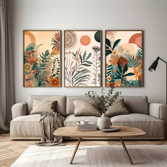 Living room with a gray sofa, wooden coffee table, and three colorful abstract wall art pieces.