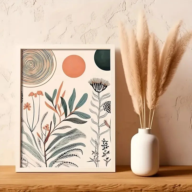 Framed botanical art on a wooden surface with a white vase containing dried plants.