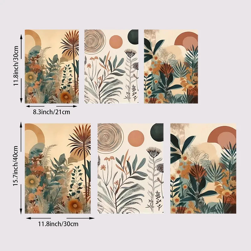 Set of six decorative panels with floral and abstract designs, each with dimensions indicated.