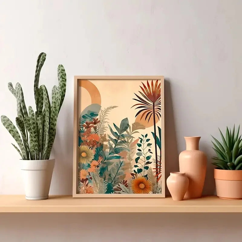 Framed botanical art on a shelf with plants and vases.
