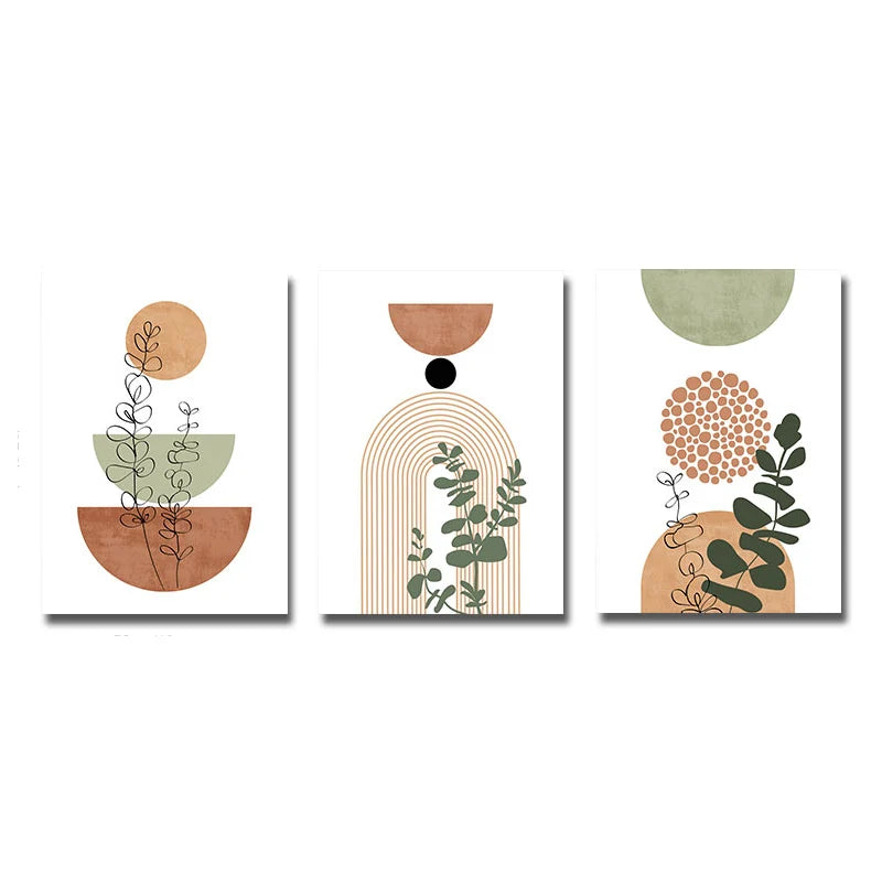 Three abstract art prints with geometric shapes and plant elements on a white background