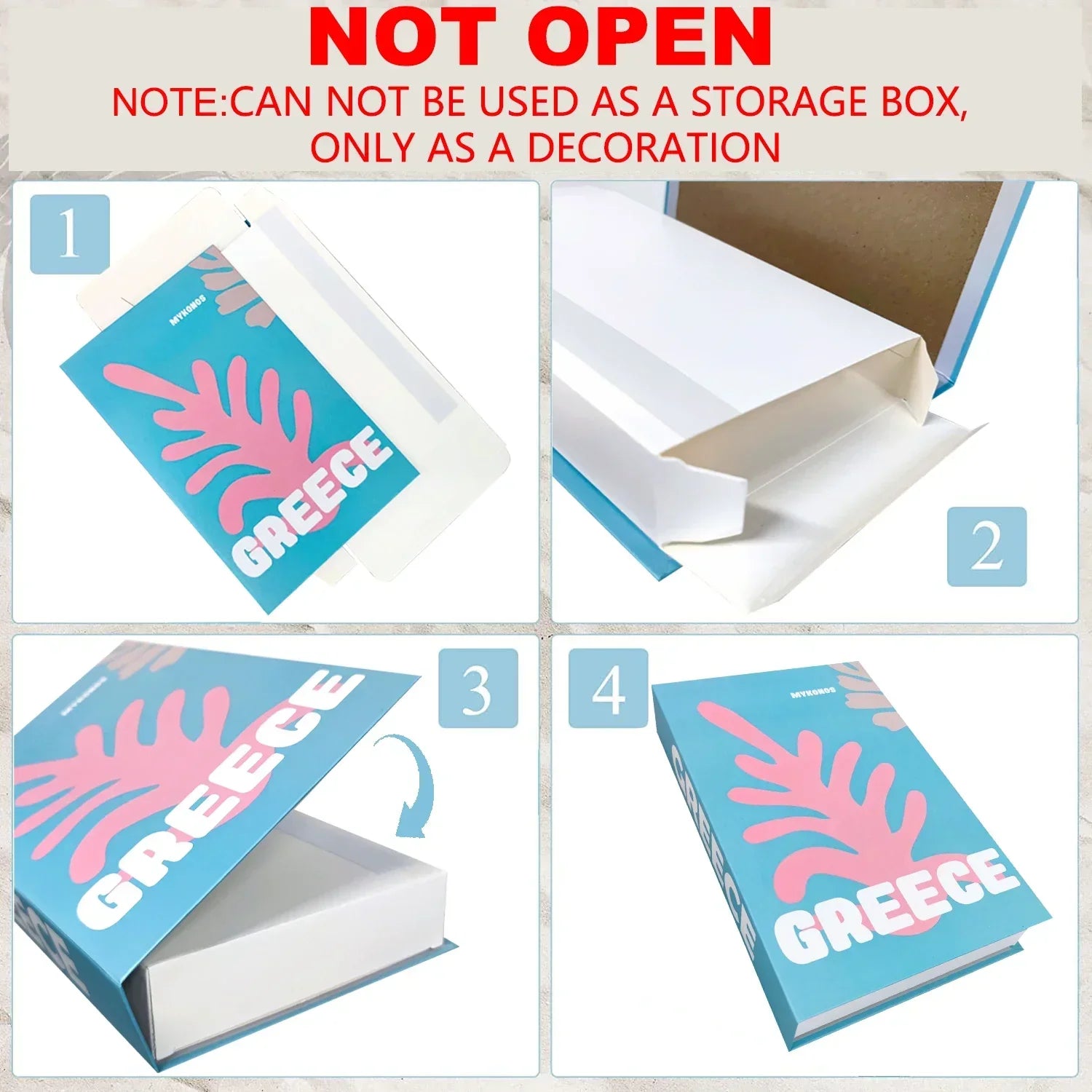 Instructions for using a decorative box with 'Greece' design on a white background.
