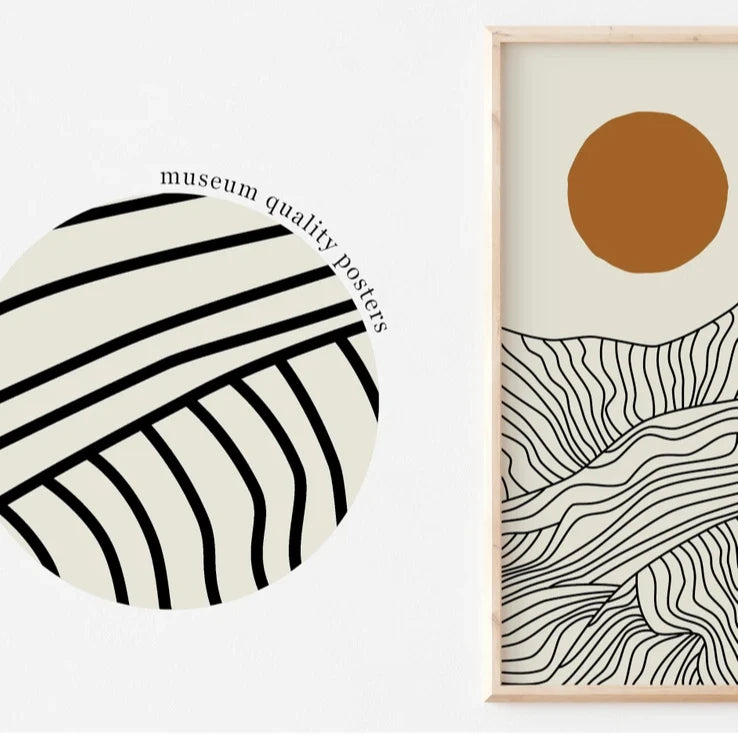 Two abstract art prints with a brown circle and wavy line design on a white background.