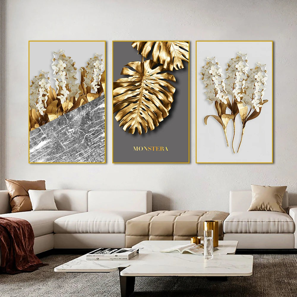 Set of 3Pcs Golden Leaf White Floral Abstract Wall Art Fine Art Canvas Prints For Living Room Bedroom Contemporary Nordic Home Decor
