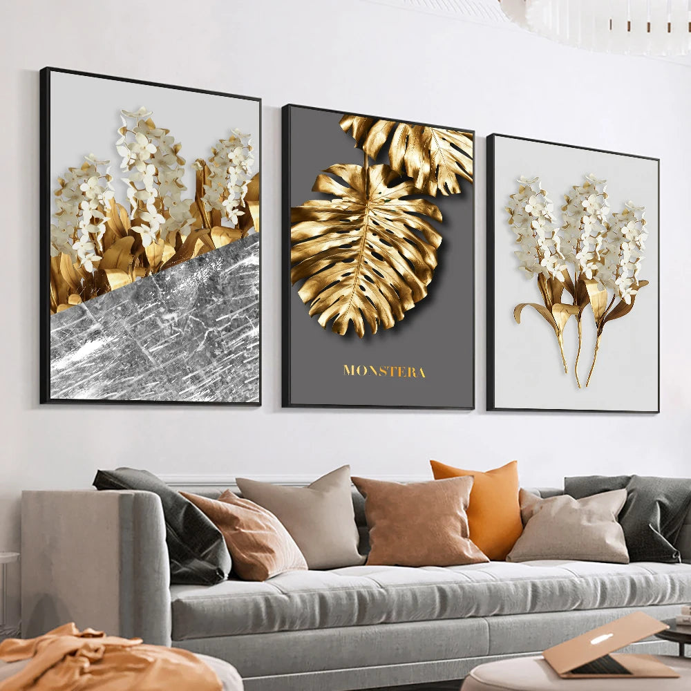 Set of 3Pcs Golden Leaf White Floral Abstract Wall Art Fine Art Canvas Prints For Living Room Bedroom Contemporary Nordic Home Decor