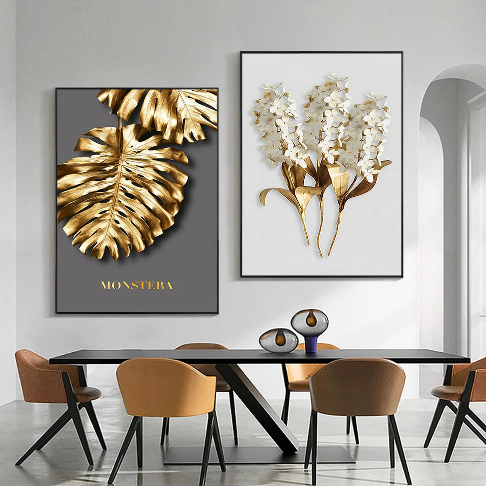 Set of 3Pcs Golden Leaf White Floral Abstract Wall Art Fine Art Canvas Prints For Living Room Bedroom Contemporary Nordic Home Decor