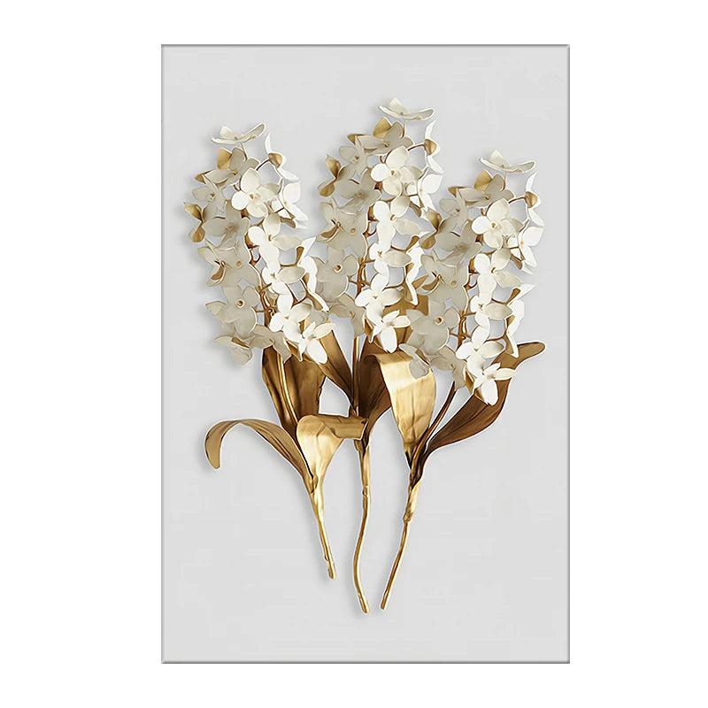 Decorative wall art with gold and white floral design on a light gray background