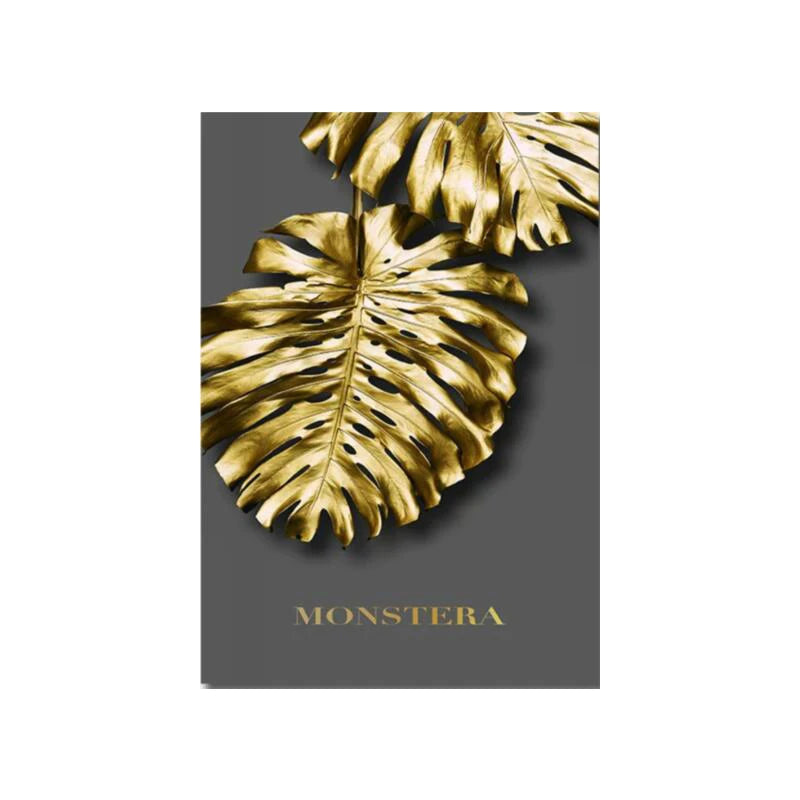 Gold monstera leaves on a dark gray background with 'MONSTERA' text.