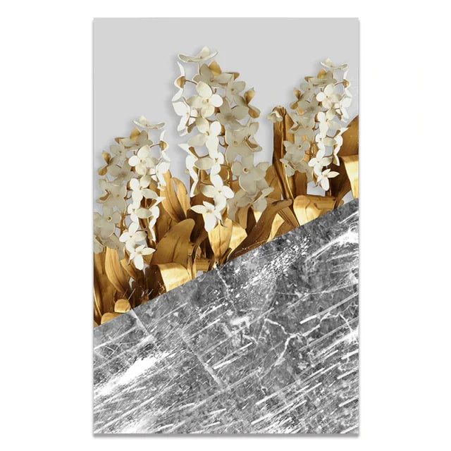 Decorative wall art with gold and white floral design on a gray marble background