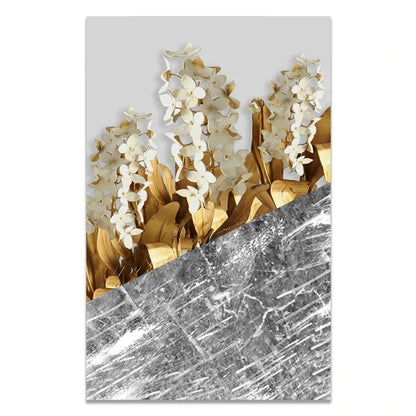 Decorative wall art with gold and white floral design on a gray marble background