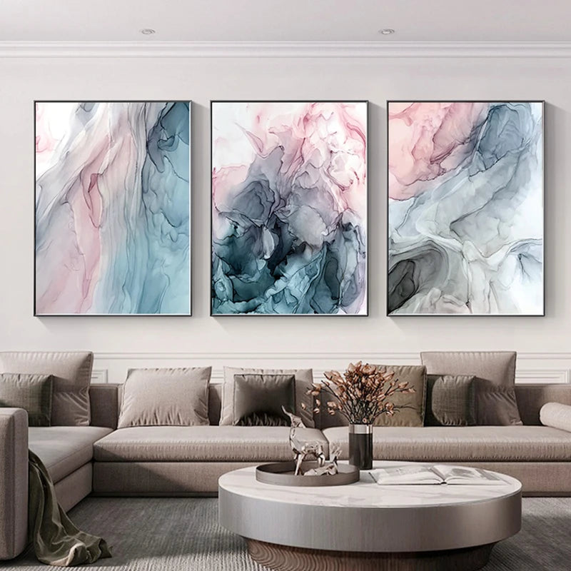 Set of 3Pcs Gray Blue Pink Liquid Marble Print Wall Art Fine Art Canvas Prints Chic Pictures For Bedroom Living Room Salon Art Decor