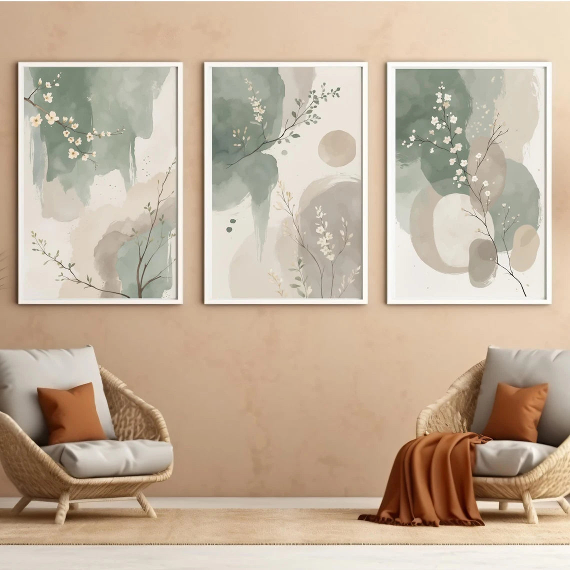 Three abstract art prints on a wall above two wicker chairs with cushions.