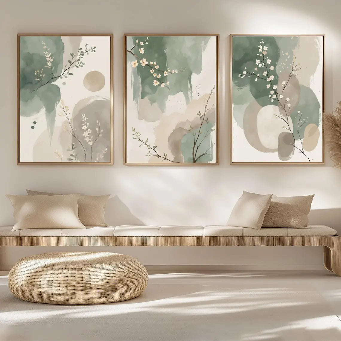 Three framed abstract artworks on a wall above a sofa with a woven ottoman.
