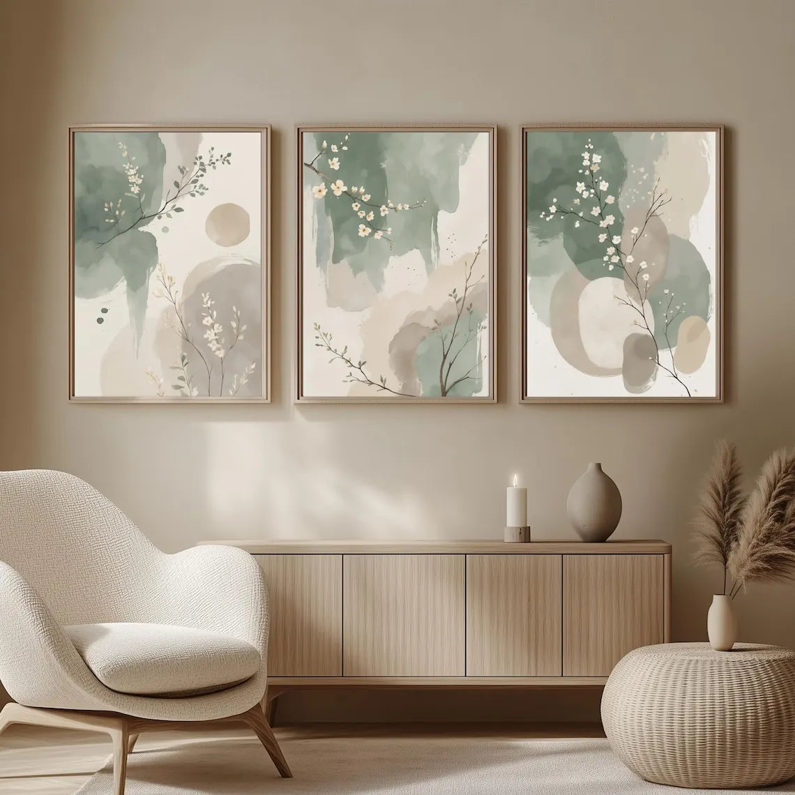 Three framed abstract artworks on a wall above a wooden cabinet in a living room setting.