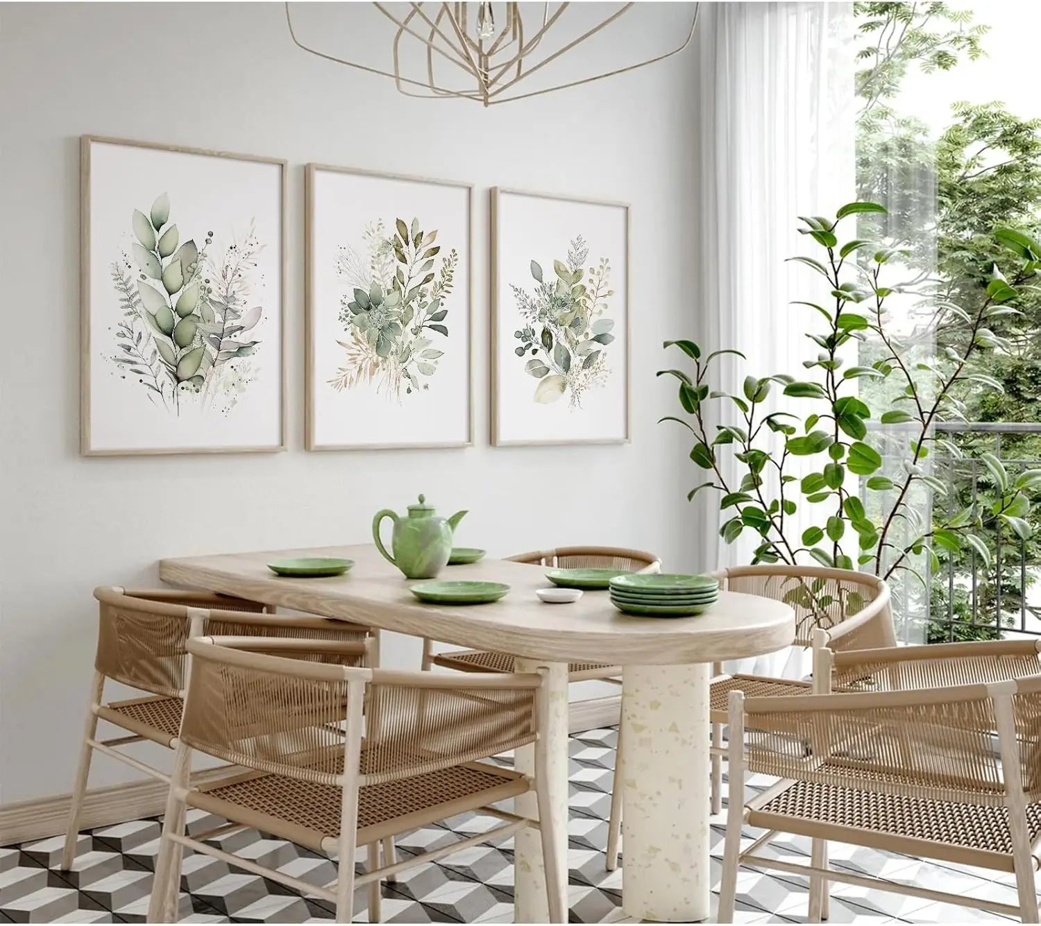 Dining room with a round table, wicker chairs, and decorative wall art.