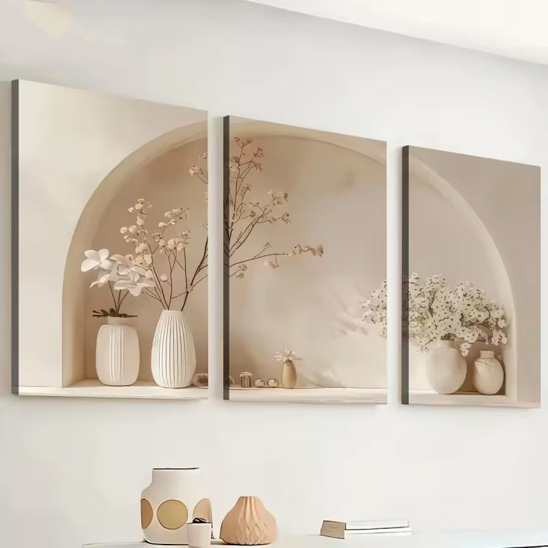 Set of 3Pcs Light Neural Tones Floral Vase Still Life Wall Art Fine Art Canvas Prints Pictures For Living Room Dining Room Bedroom Decor