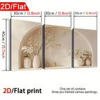 Three framed canvas paintings with dimensions and a decorative setting.